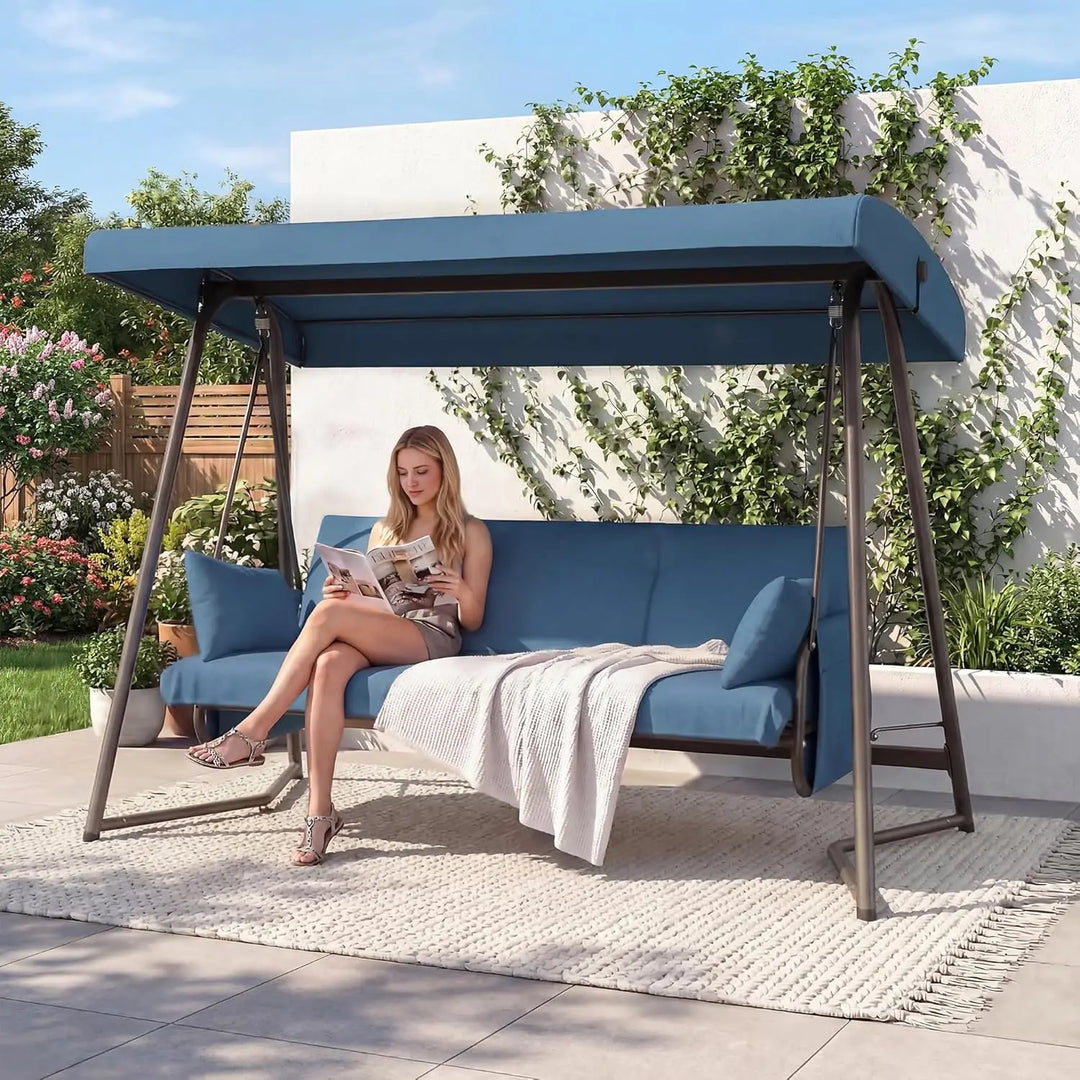 2026 New：3 to 4 Person Outdoor Patio Swing with Canopy 2-in-1 Swing Bed Adjustable Backrest 800 lbs Capacity Porch Swing with St
