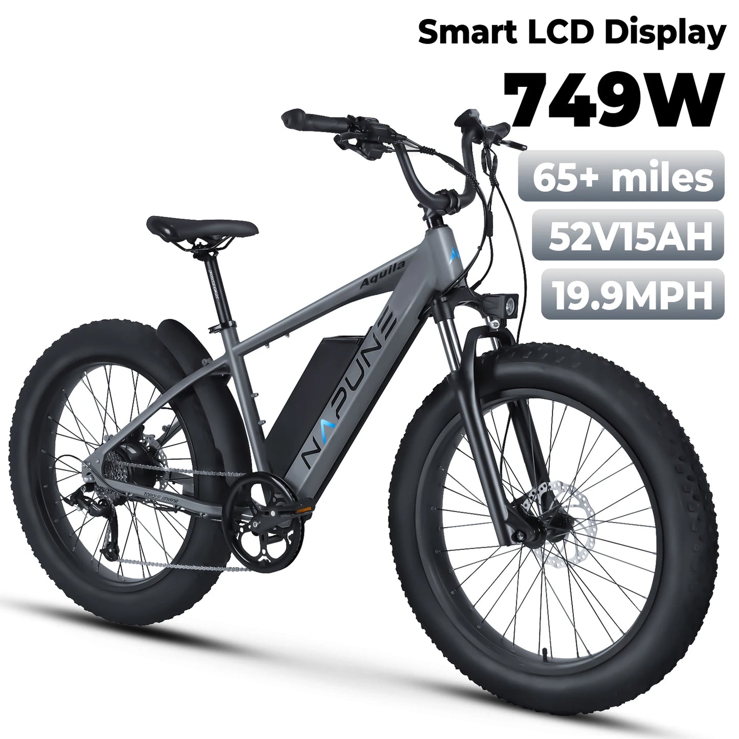 750W off-road electric bicycle 52V 17Ah 26 inch 4.0 fat tire with USB port and Bluetooth APP LCD screen 9-speed