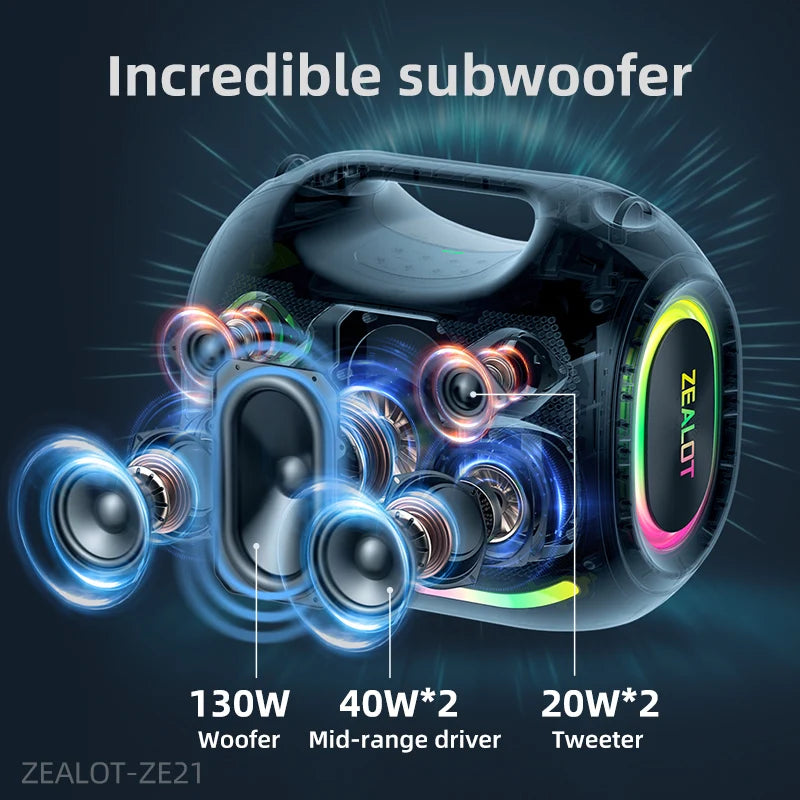 ZEALOT-ZE21 250W Big Power Wireless TWS Subwoofer Bluetooth Speaker High Volume Waterproof Portable Mobile Power HIFI Sound
