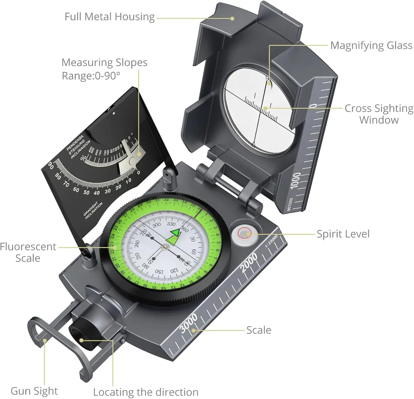 Anbte Compass Hiking,Waterproof Metal Compass with Clinometer,Lightweight,for Camping,Hunting,Hiking Navigation.