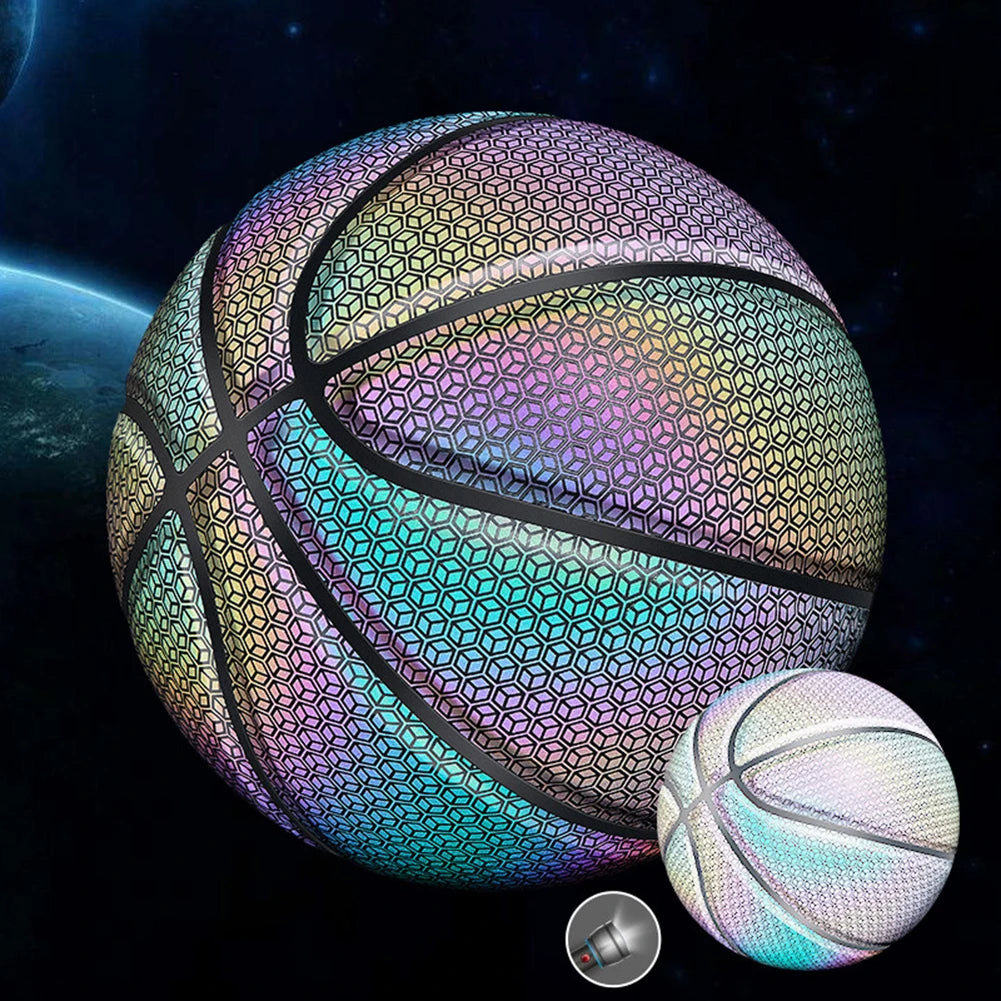 Luminous Basketball Ball Holographic Reflective Lighted Flash Ball PU Wear-Resistant Glowing Basketball Night Sports Game