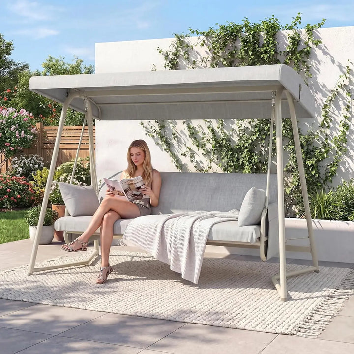 2026 New：3 to 4 Person Outdoor Patio Swing with Canopy 2-in-1 Swing Bed Adjustable Backrest 800 lbs Capacity Porch Swing with St