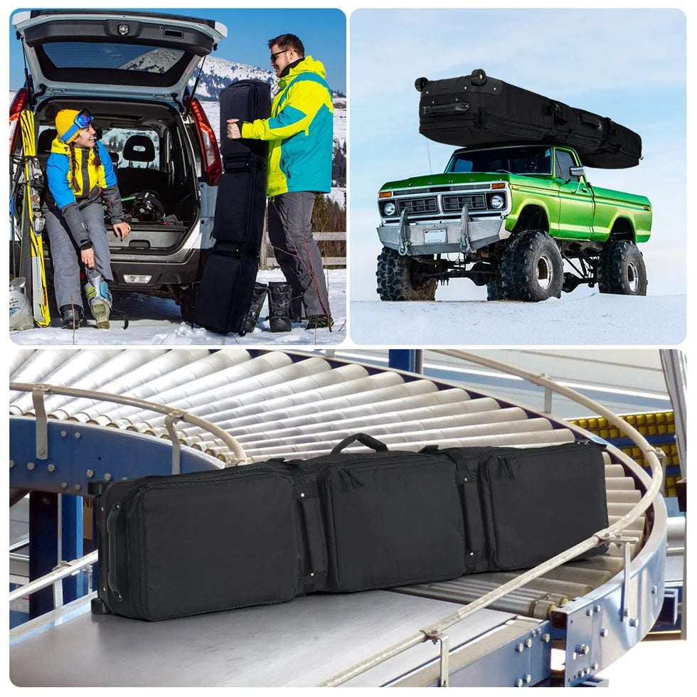 Pink/Black Skiing Bag with Rolling Wheel Padded Polyester Waterproof Portable Board Bag 3 Separation Storage Winter Snow Travels