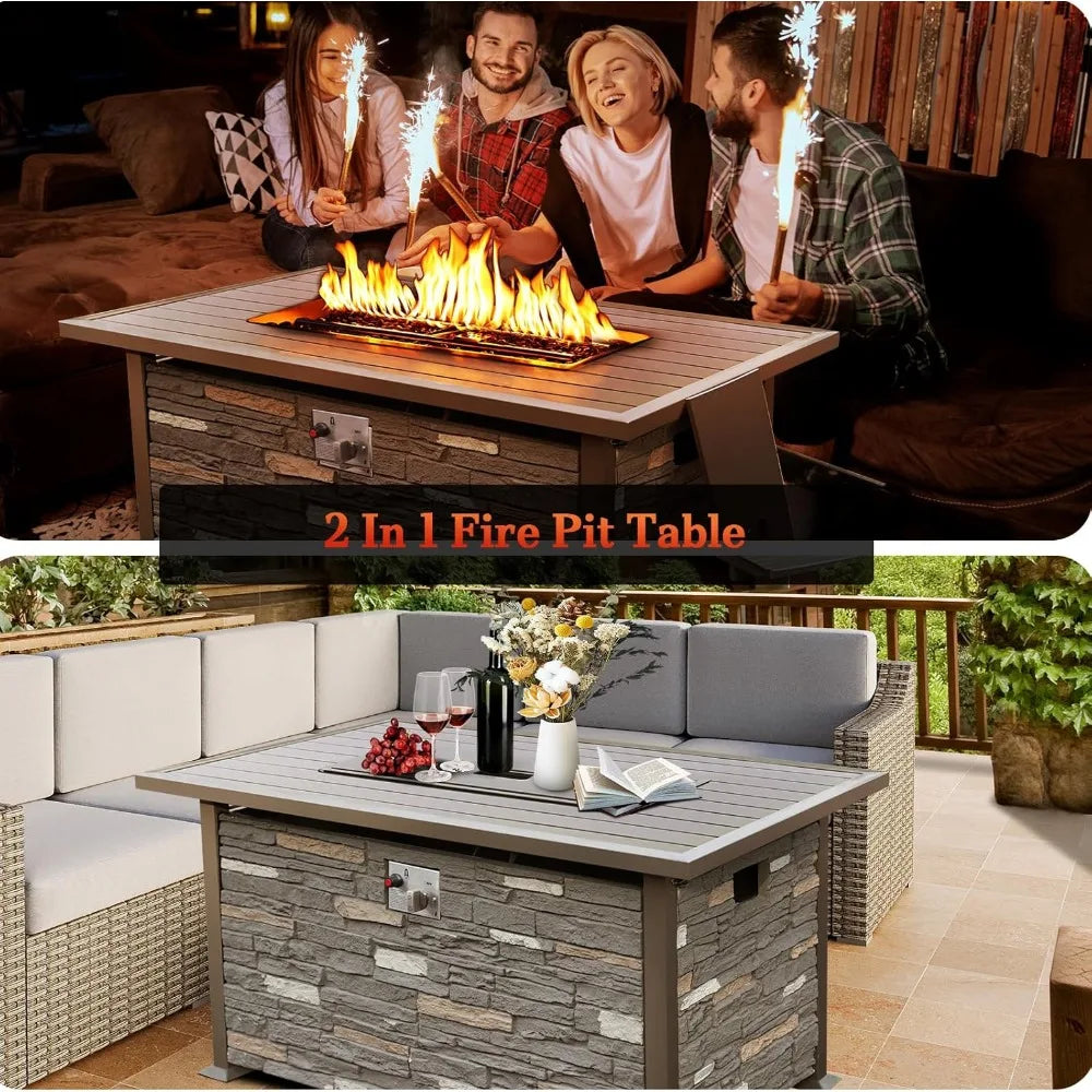 48 INCH Propane Fire Pit Outdoor Fire Table w/Faux Ledgestone Base, 50,000 BTU Gas Fire Pit Table w/Aluminum Table Top, Waterpr