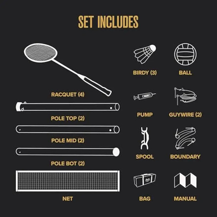 Portable Volleyball & Badminton Combo Set with 4 Racquets, Net, Ball, Pump & Carry Bag for Outdoor Fun