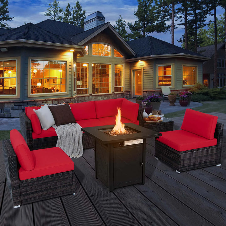 7 PCS Patio Furniture Set with 28" 50000 BTU Propane Gas Fire Pit Table Cushions Red
